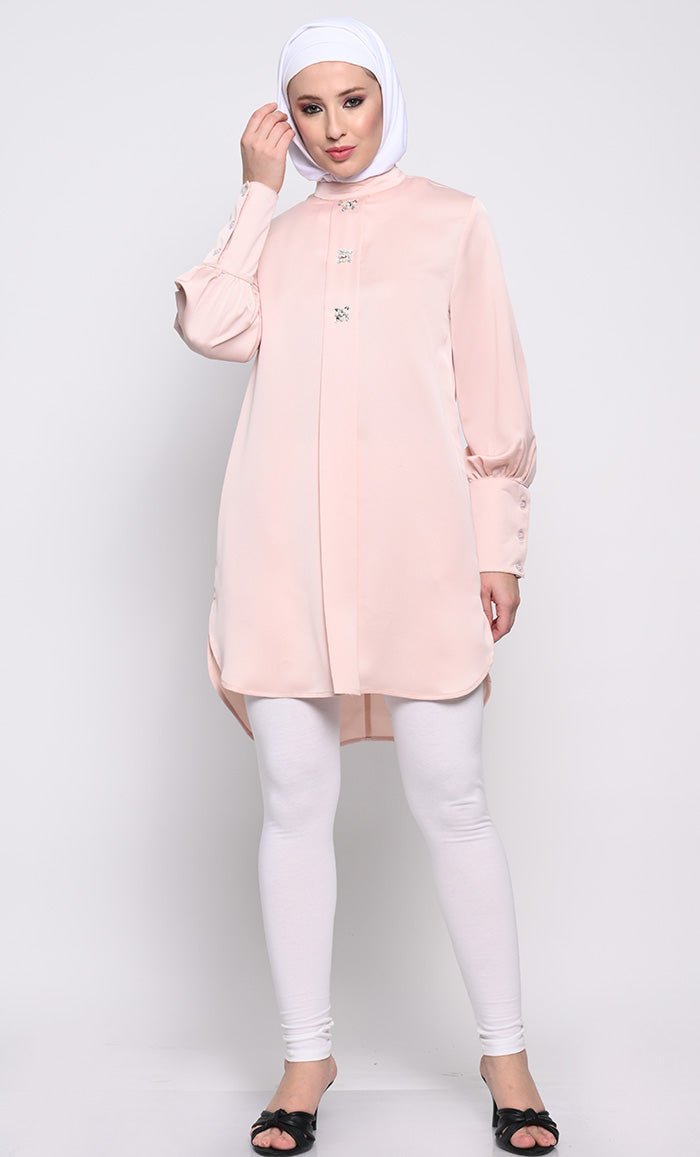 Elegant Korean Crepe Tunic with Crystal Button Embellishments