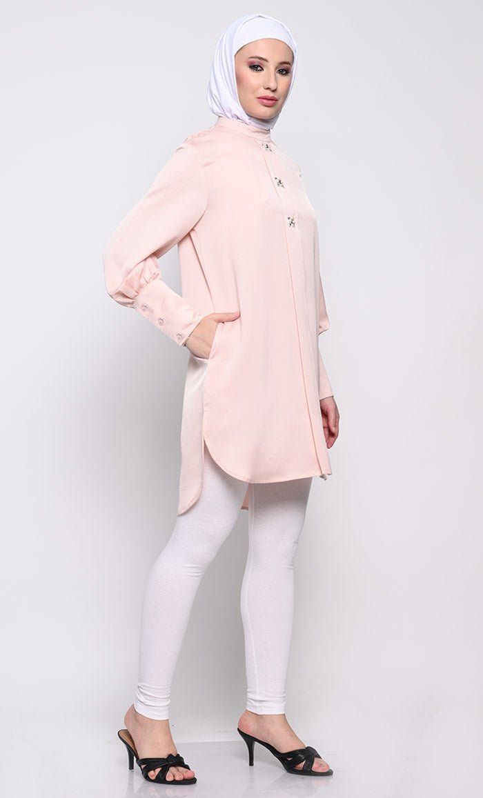 Elegant Korean Crepe Tunic with Crystal Button Embellishments