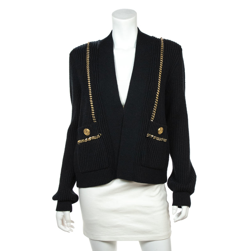 Balmain Black Chain Embellished Knit Cardigan Size L | FR 42