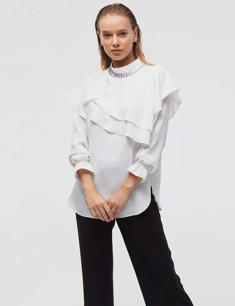 Ruffle Stone Embellished Blouse Ecru
