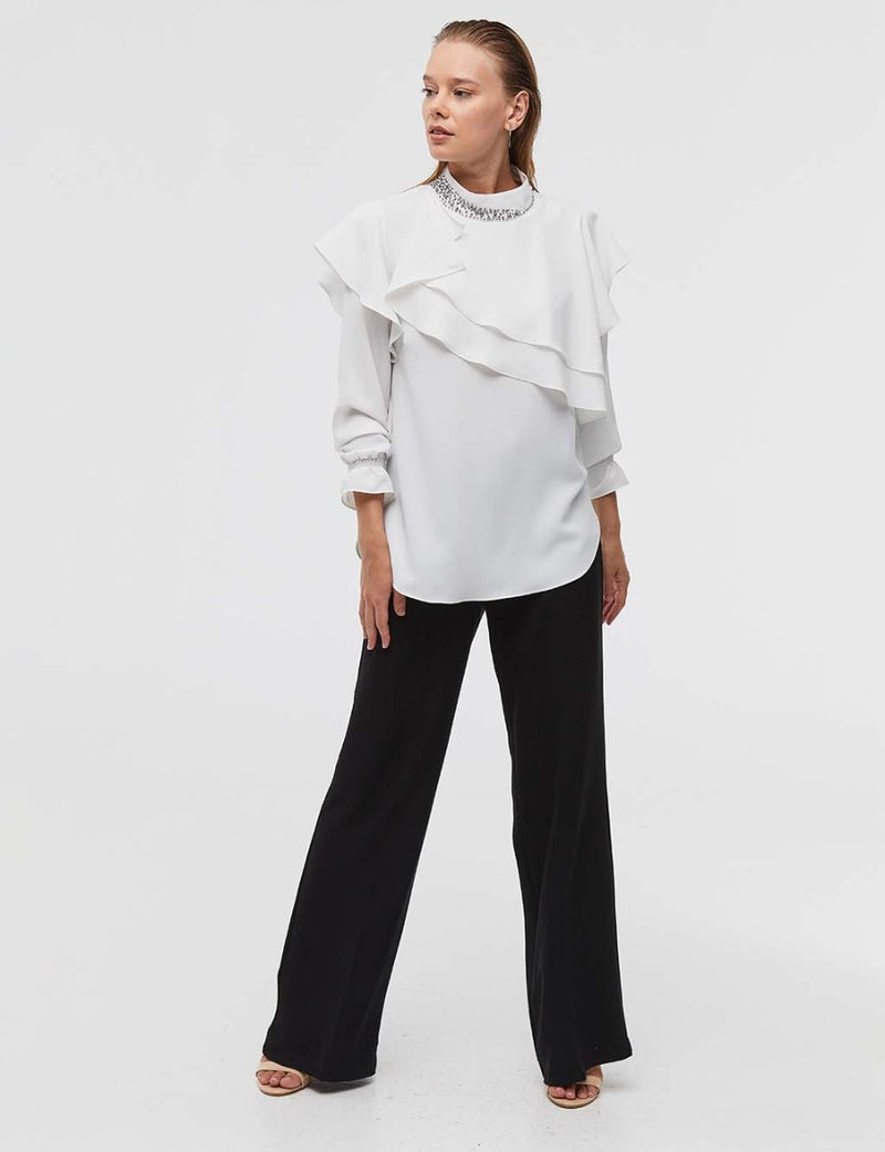 Ruffle Stone Embellished Blouse Ecru