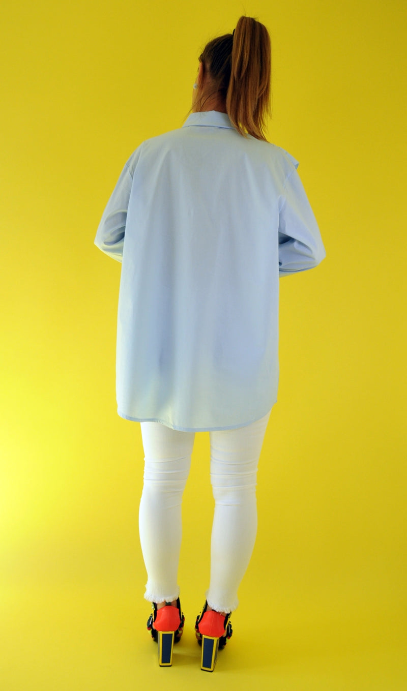 Crystal embellished Baby blue ruffle oversize shirt