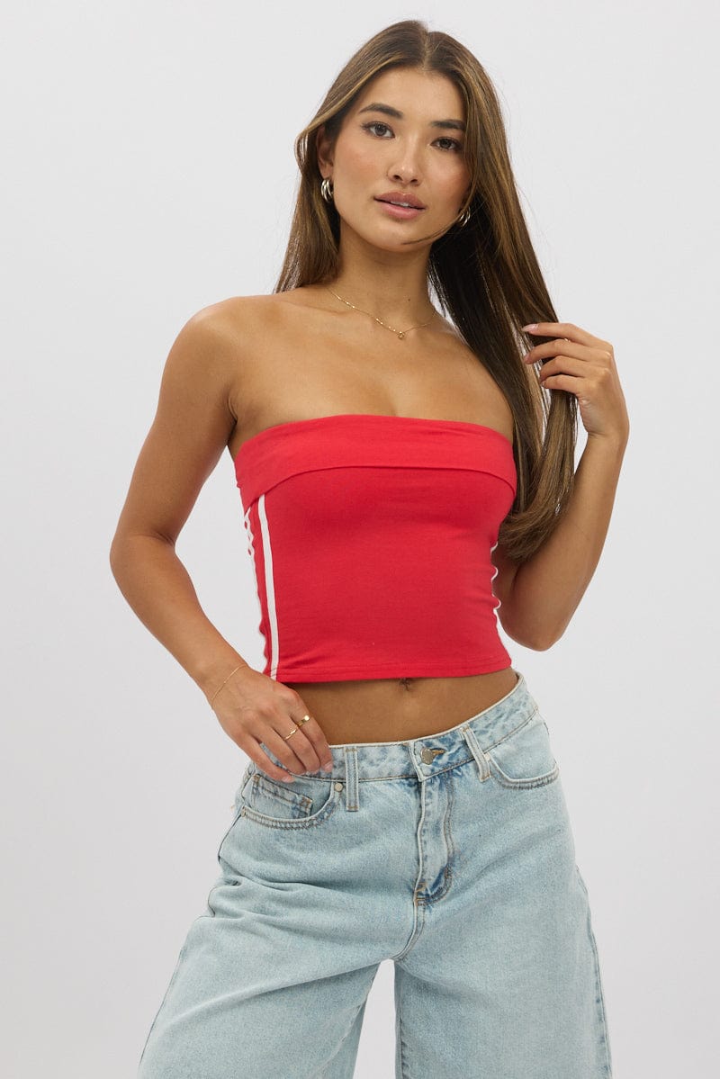 Red Bandeau Top Side Stripe Fold Over