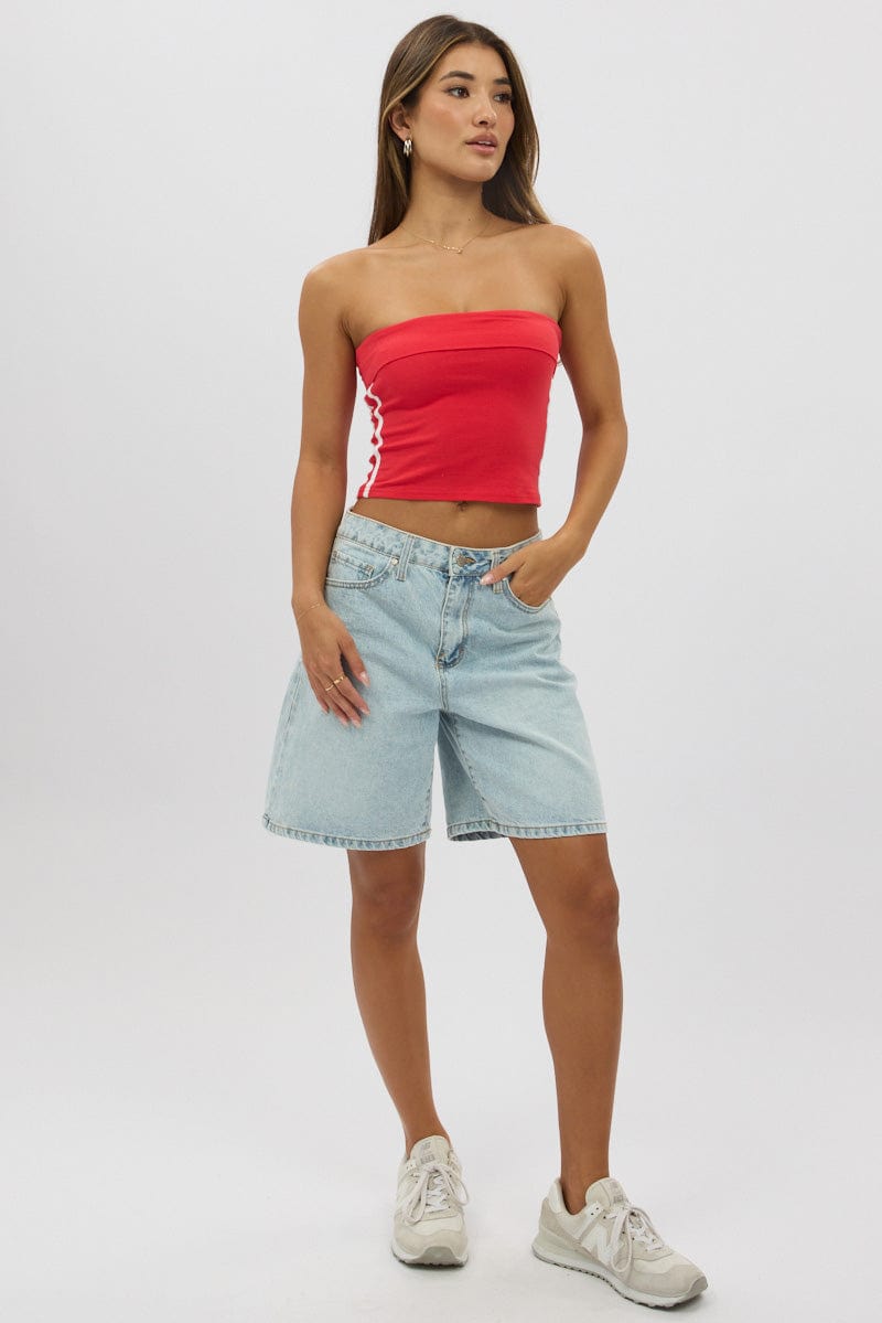 Red Bandeau Top Side Stripe Fold Over