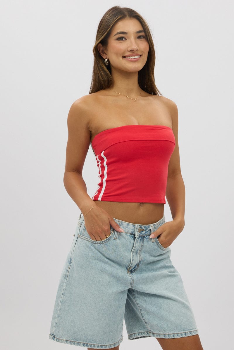 Red Bandeau Top Side Stripe Fold Over