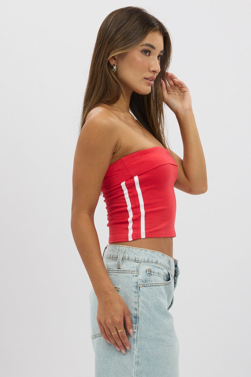 Red Bandeau Top Side Stripe Fold Over