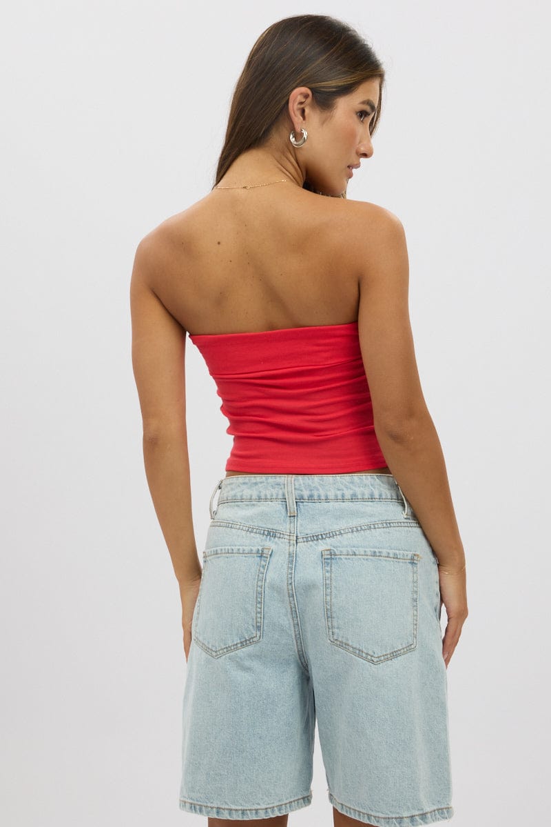 Red Bandeau Top Side Stripe Fold Over
