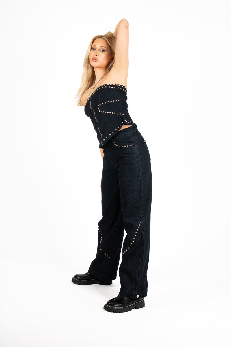 Indigo Denim Bandeau Corset With Stud Detail