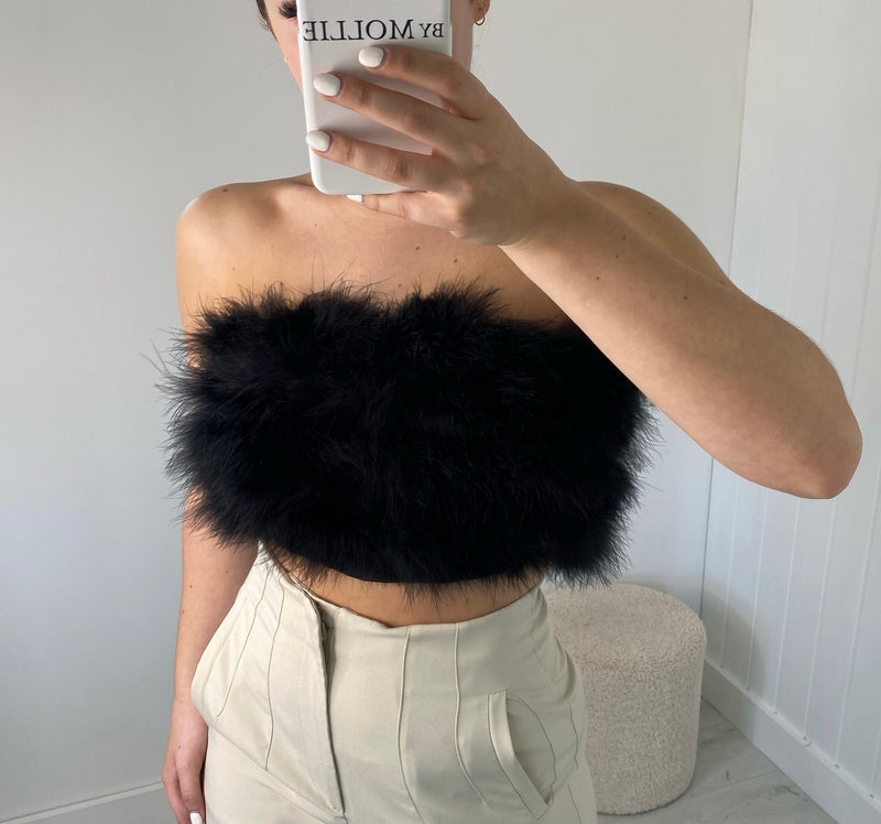 BLACK FEATHER BUST BANDEAU CROP TOPS