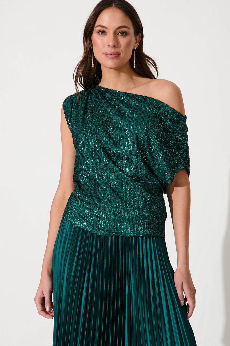 Liana Off Shoulder Top In Emerald Sequin