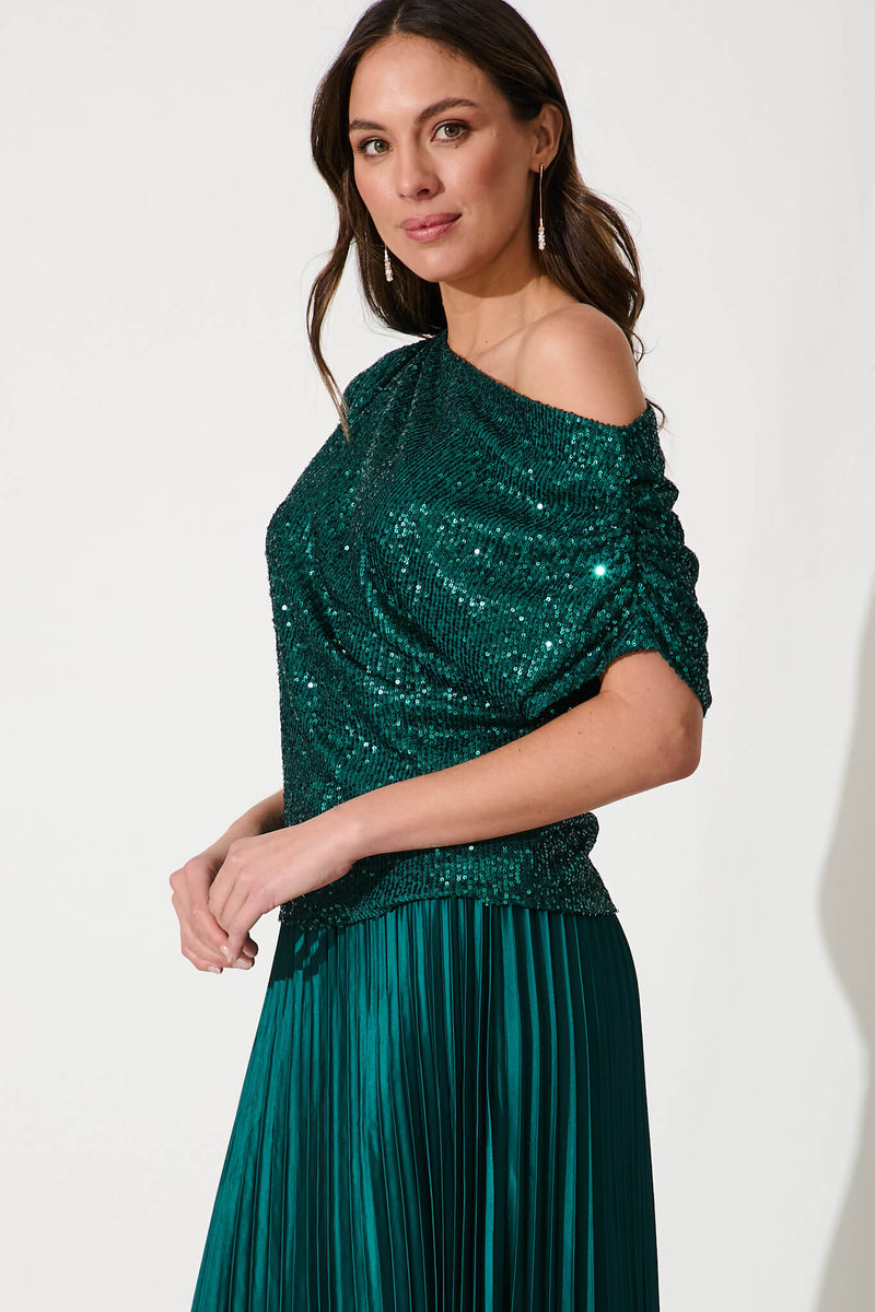 Liana Off Shoulder Top In Emerald Sequin