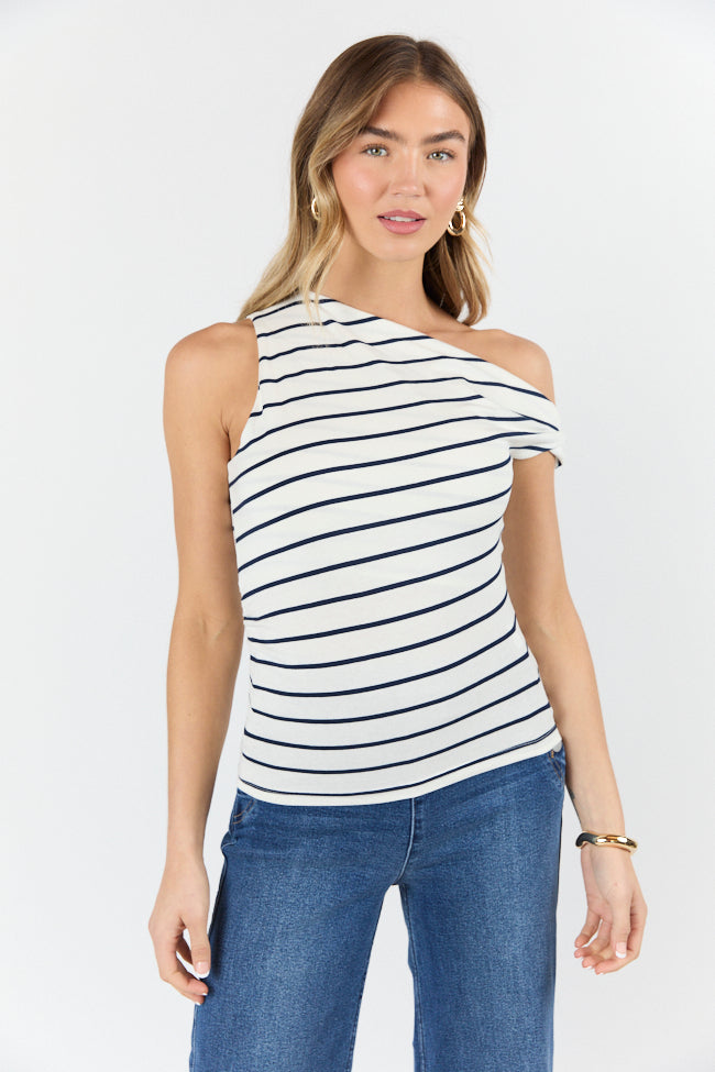 Twilight Tides Ivory and Navy Stripe Twisted Off The Shoulder Knit Top