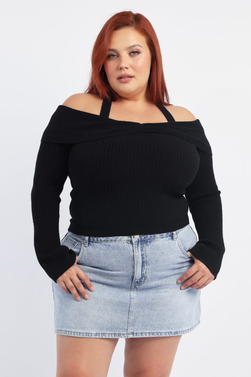 Black Knit Top Long Sleeve Off Shoulder Halter