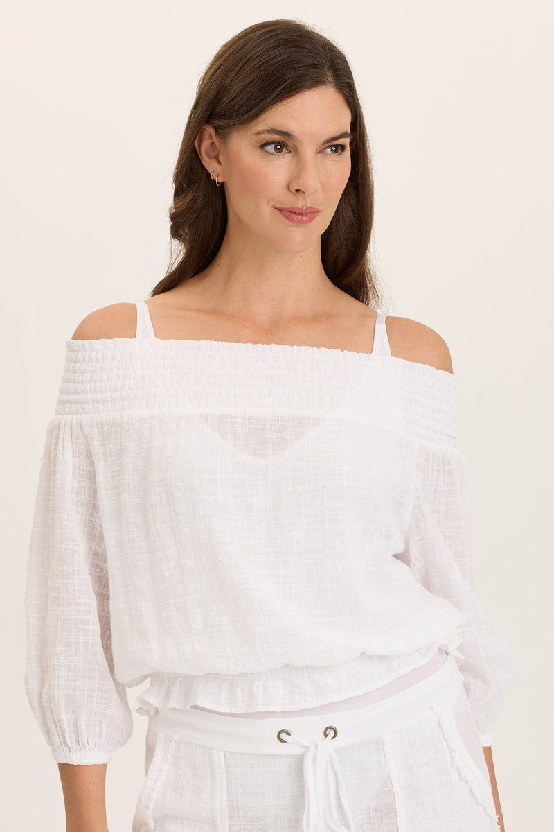 Jolia Gauze Off-Shoulder Billow Sleeve Top