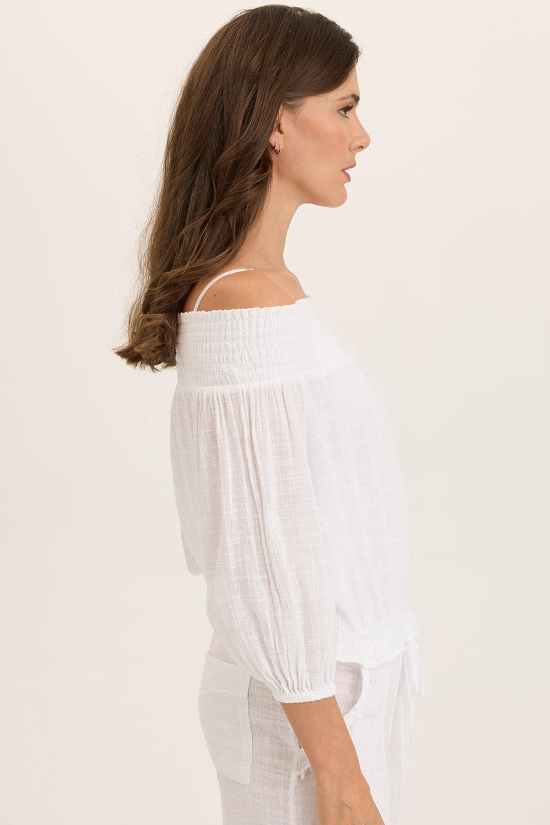 Jolia Gauze Off-Shoulder Billow Sleeve Top