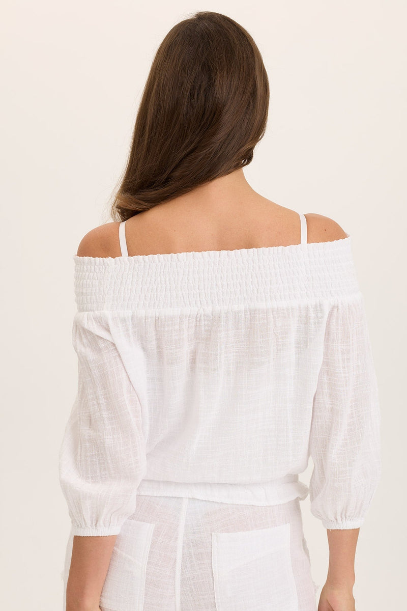 Jolia Gauze Off-Shoulder Billow Sleeve Top