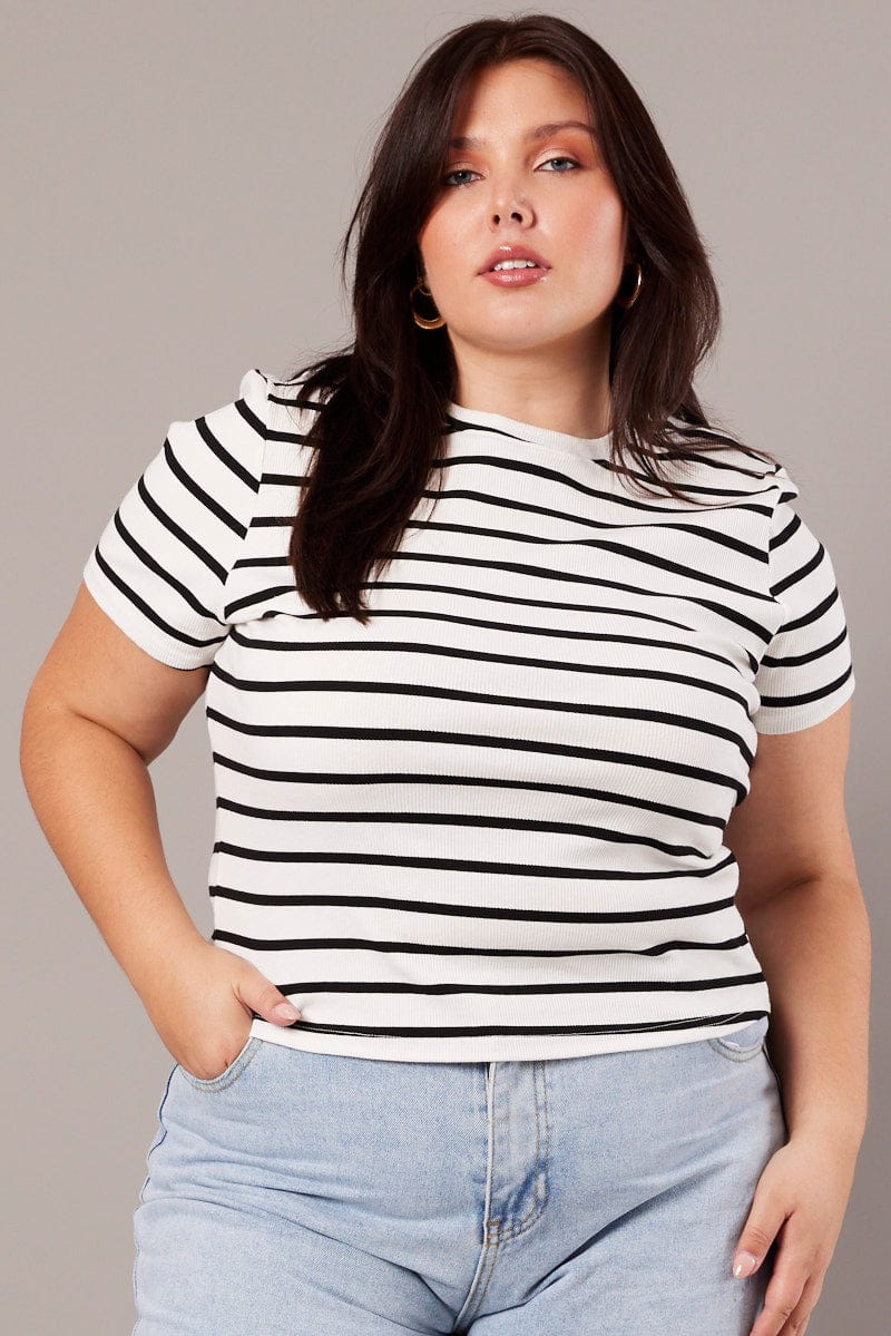 White Stripe T-shirt Short Sleeve Crew Neck