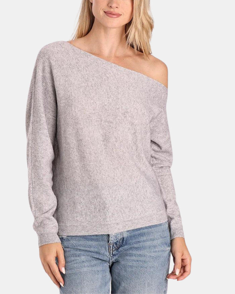 COTTON CASHMERE OFF THE SHOULDER TOP IN LIGHT HEATHER GREY