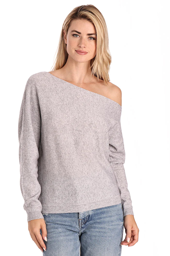 COTTON CASHMERE OFF THE SHOULDER TOP IN LIGHT HEATHER GREY