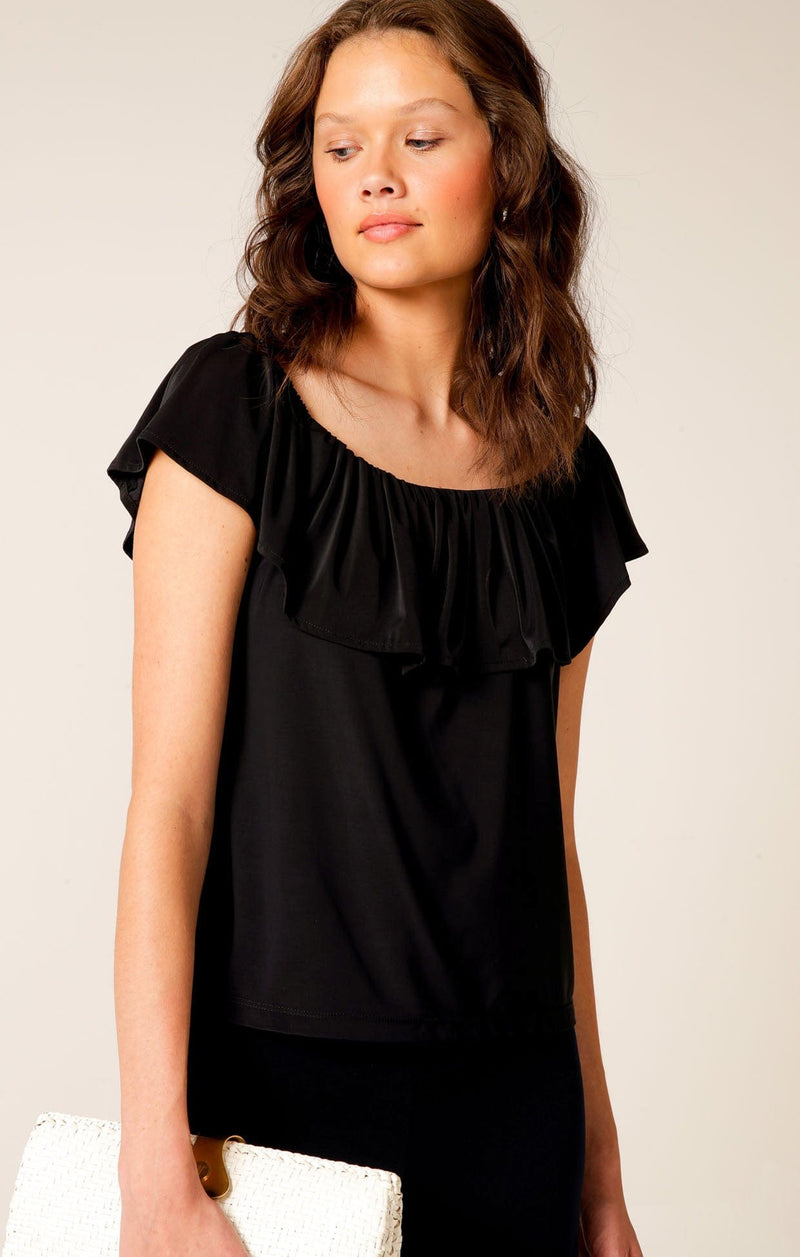 OFF SHOULDER FRILL TOP IN BLACK