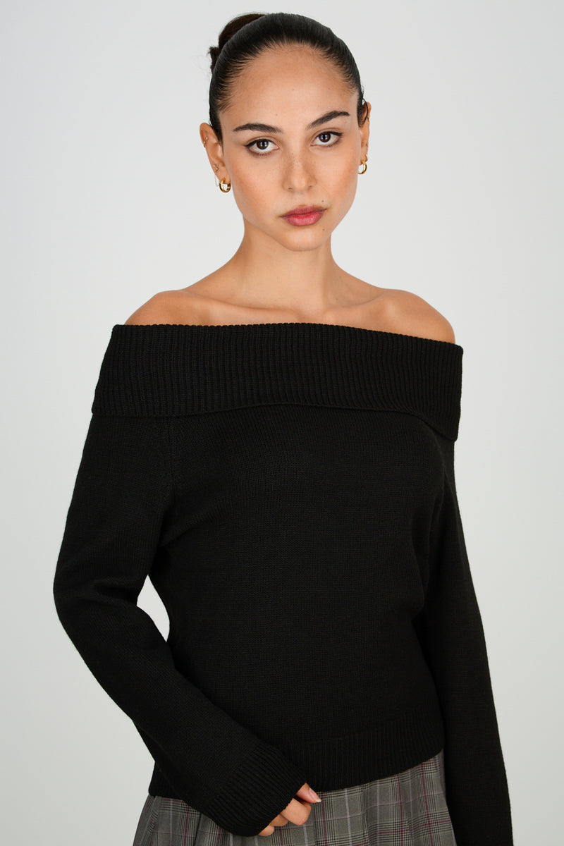 Black ribbed panel off shoulder knit top