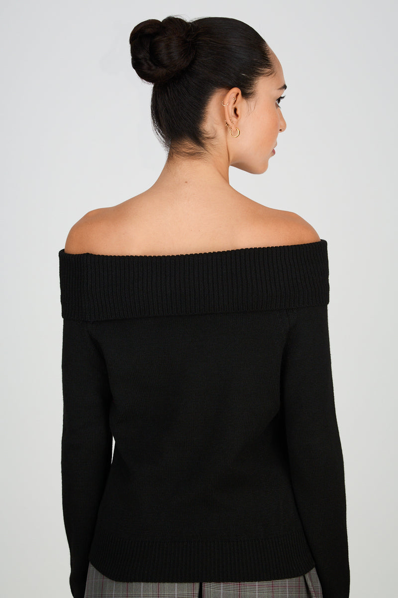 Black ribbed panel off shoulder knit top