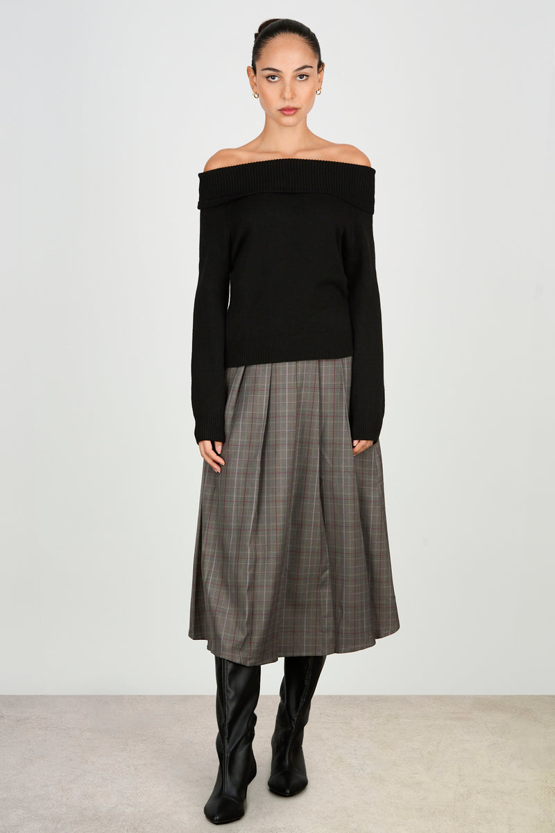 Black ribbed panel off shoulder knit top