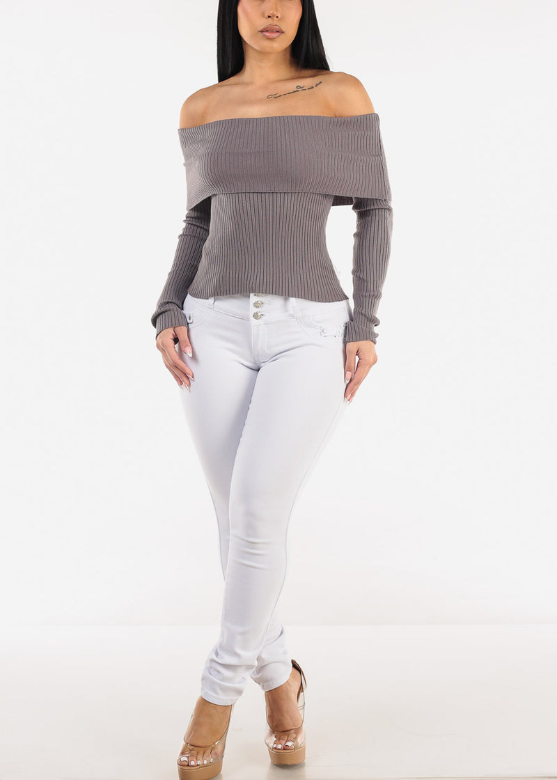 Off Shoulder Ribbed Sweater Top Grey