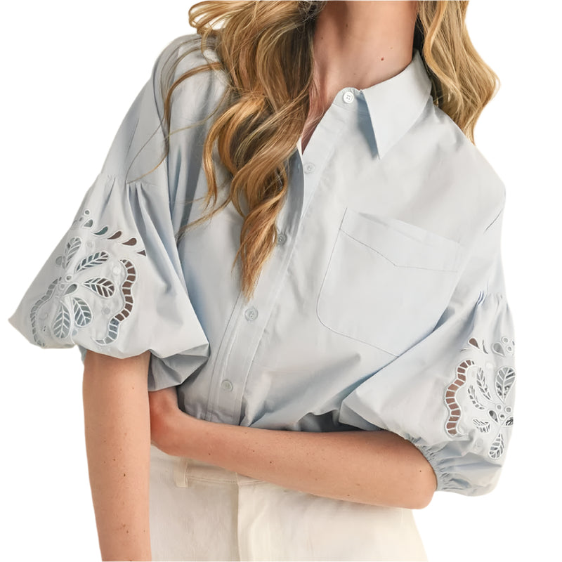 Embroidered Cut Out Bubble Sleeve Top - Sky Blue
