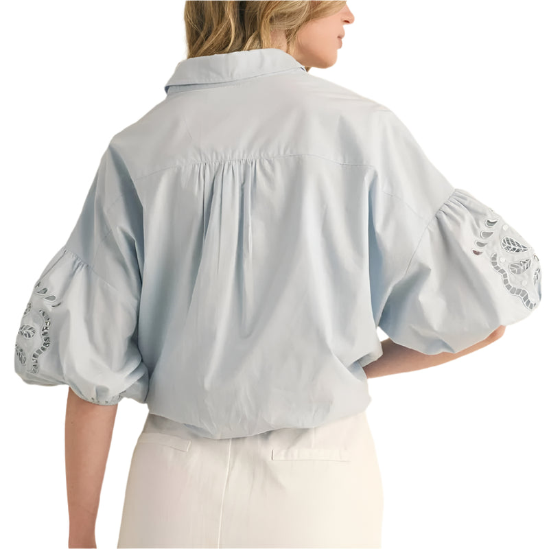 Embroidered Cut Out Bubble Sleeve Top - Sky Blue