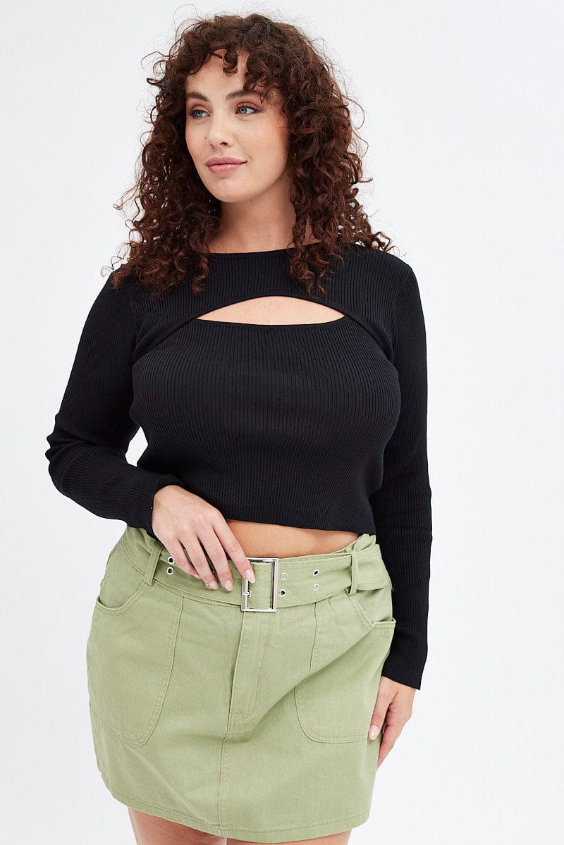 Black Knit Top Cut Out Long Sleeve