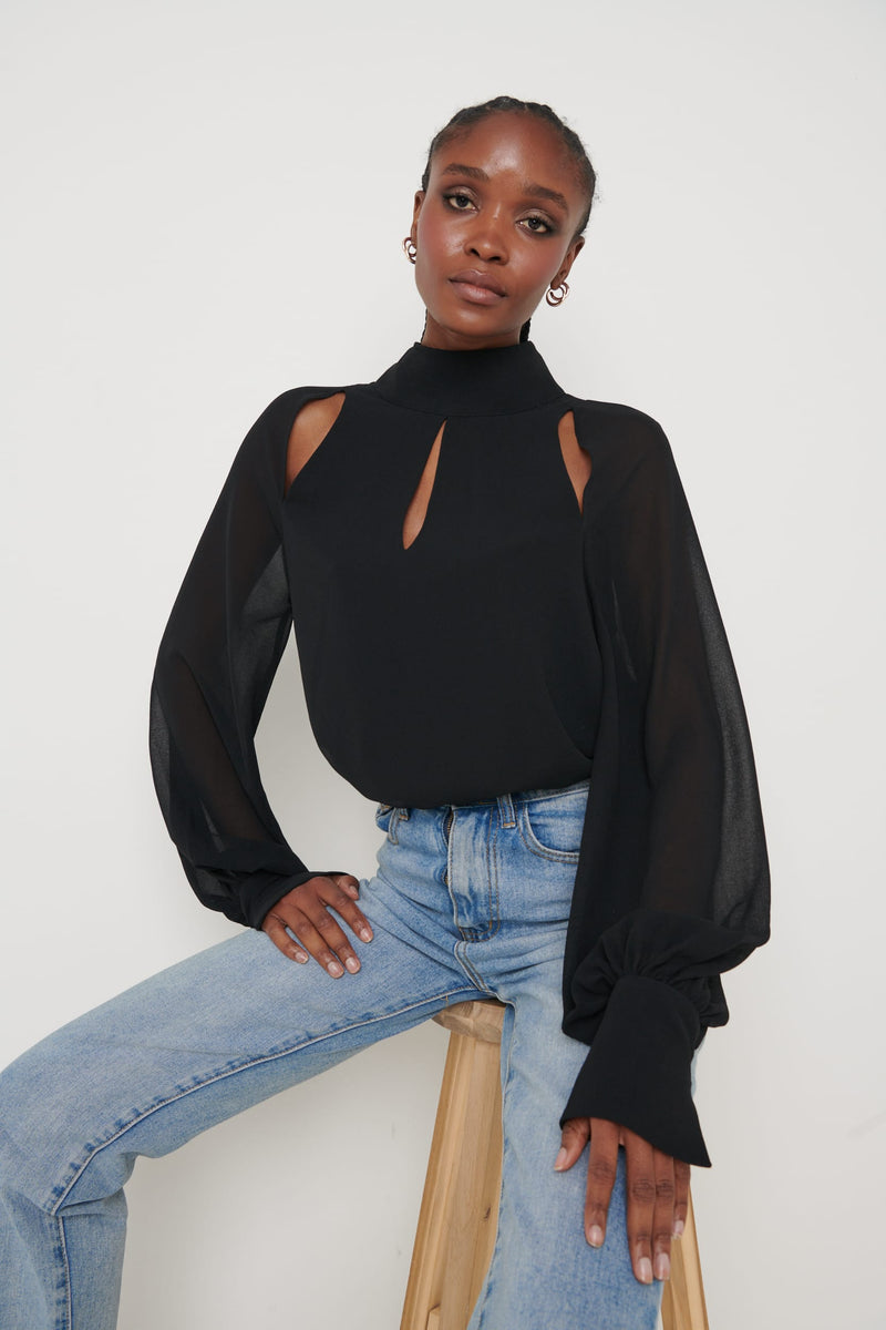 Romy Cut Out High Neck Blouse - Black