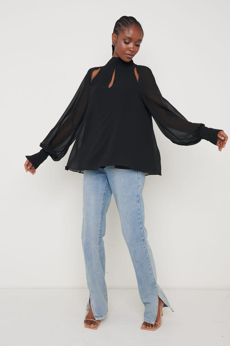 Romy Cut Out High Neck Blouse - Black