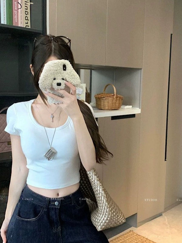 Sexy U-neck short sleeve back cut-out twisted cropped top