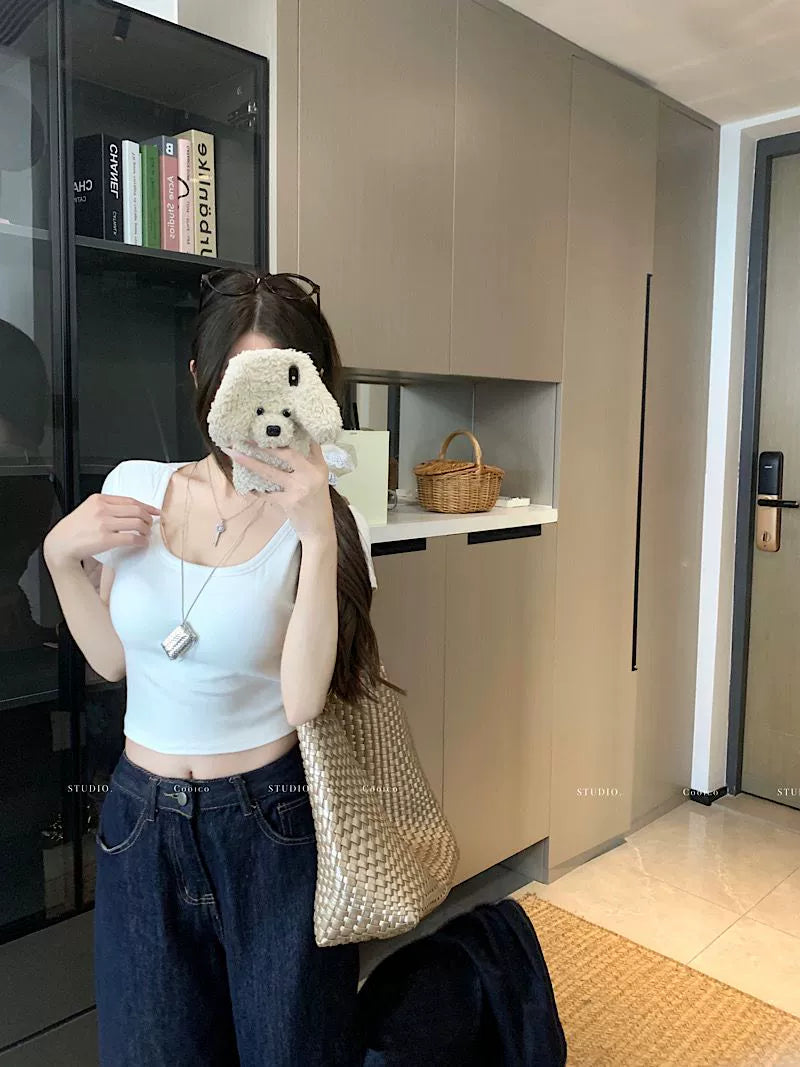 Sexy U-neck short sleeve back cut-out twisted cropped top