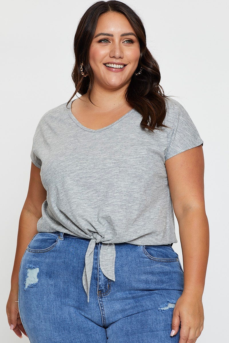 Grey Crop T-shirt Crew Neck Short Sleeve Knot Semi