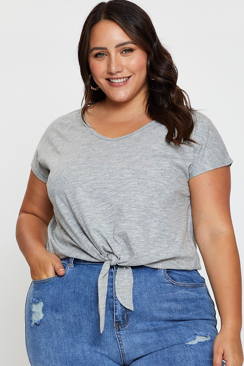 Grey Crop T-shirt Crew Neck Short Sleeve Knot Semi
