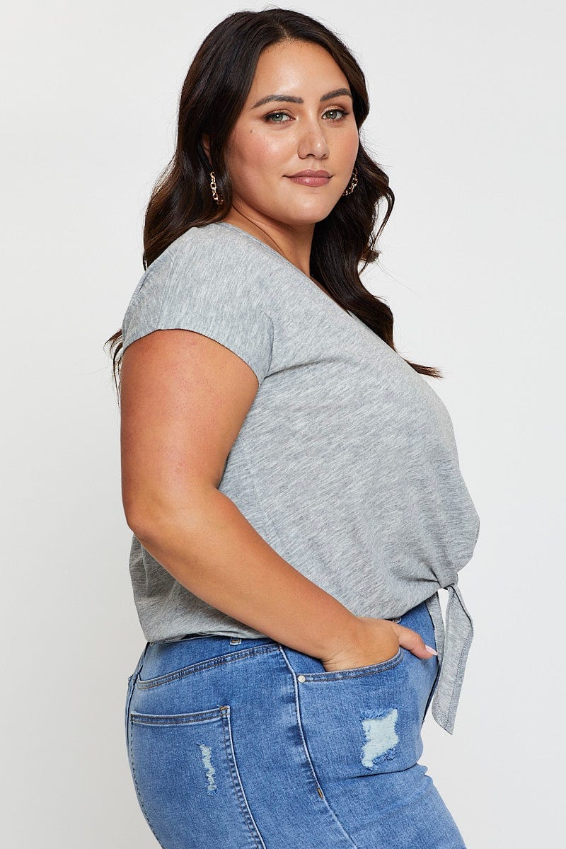Grey Crop T-shirt Crew Neck Short Sleeve Knot Semi