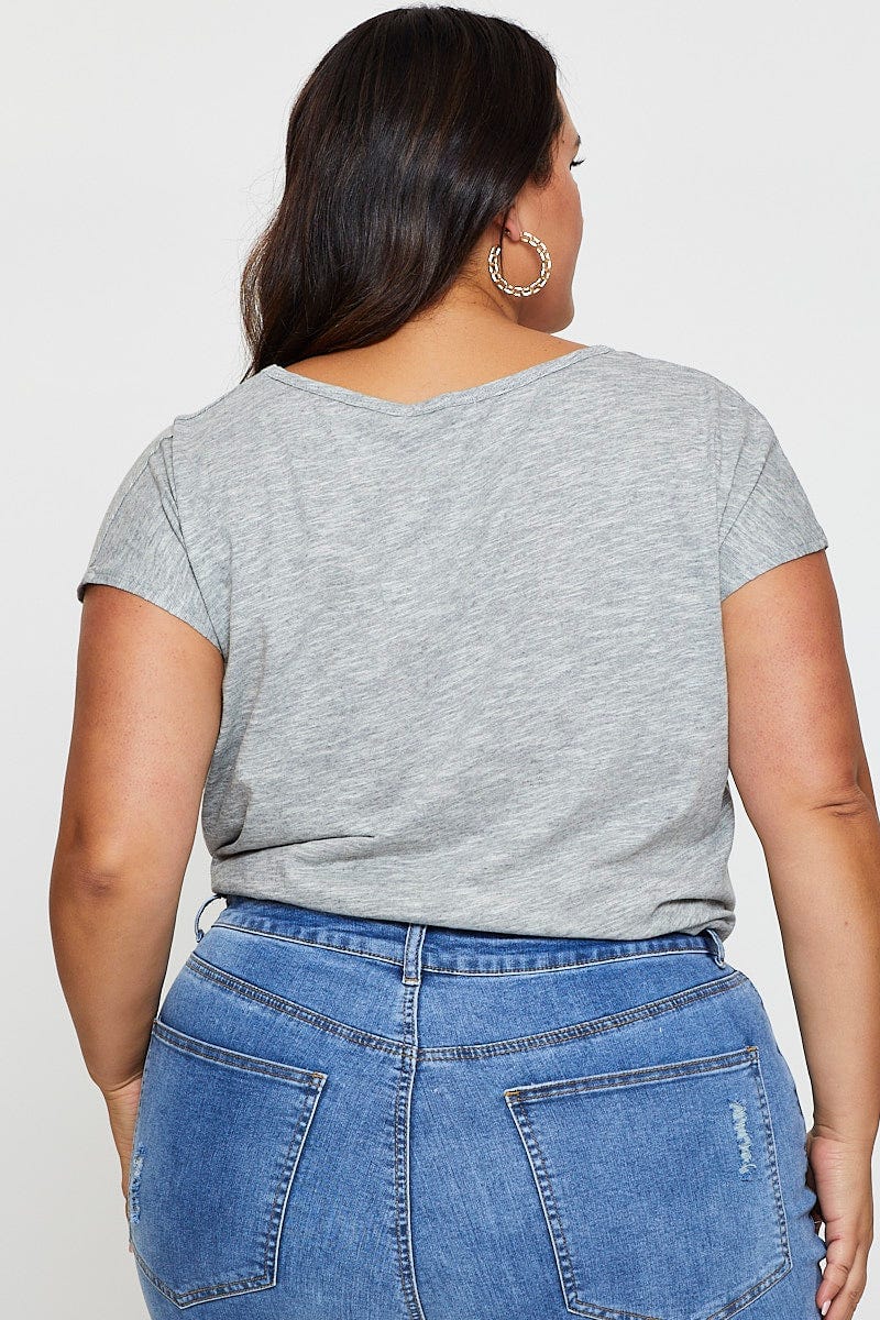 Grey Crop T-shirt Crew Neck Short Sleeve Knot Semi