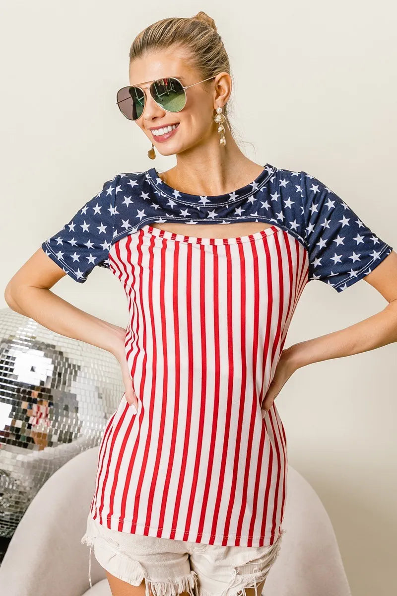 Hazel Blues® |  BiBi American Flag Theme Front Cut Out Top