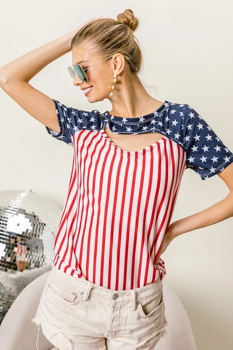 Hazel Blues® |  BiBi American Flag Theme Front Cut Out Top