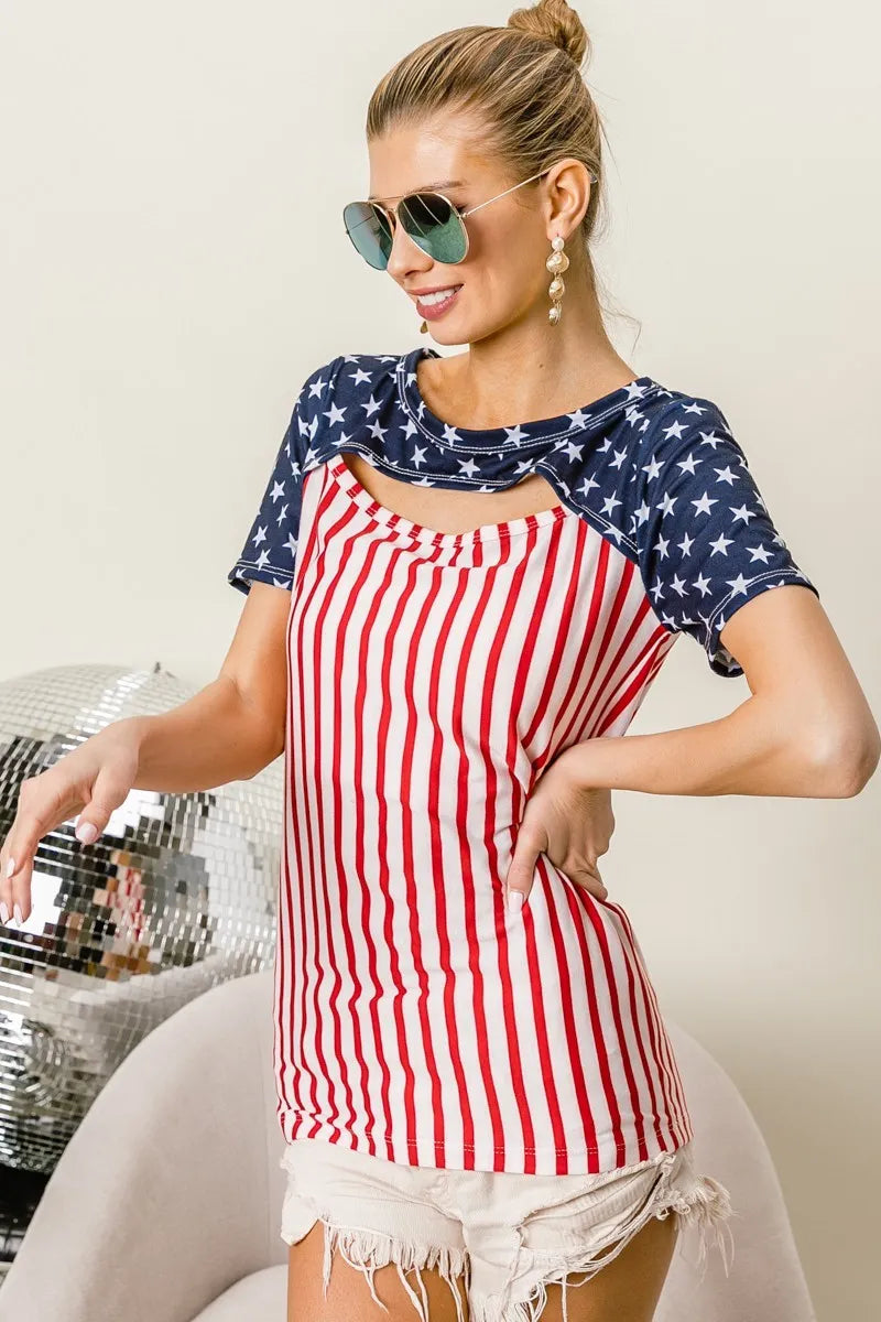 Hazel Blues® |  BiBi American Flag Theme Front Cut Out Top