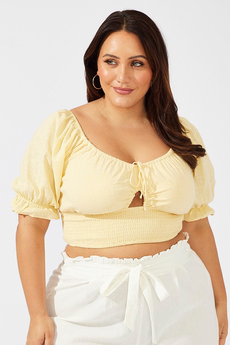 Yellow Crop Top Short Sleeve Cut Out Shirred