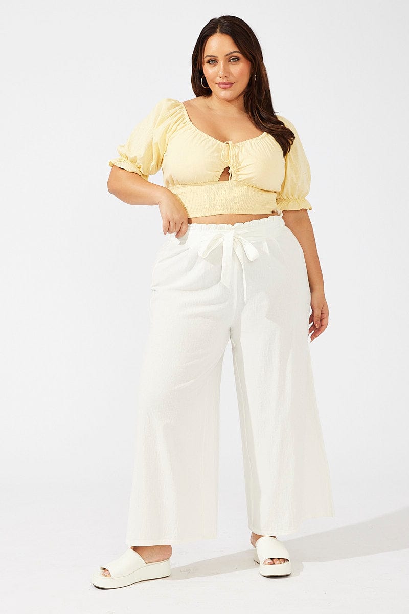 Yellow Crop Top Short Sleeve Cut Out Shirred