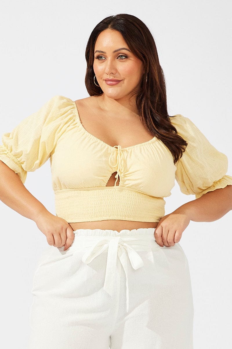 Yellow Crop Top Short Sleeve Cut Out Shirred
