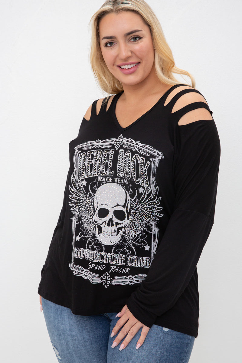 Plus Size Womens Cut Out Long Sleeve Rhinestone stud Skull Top