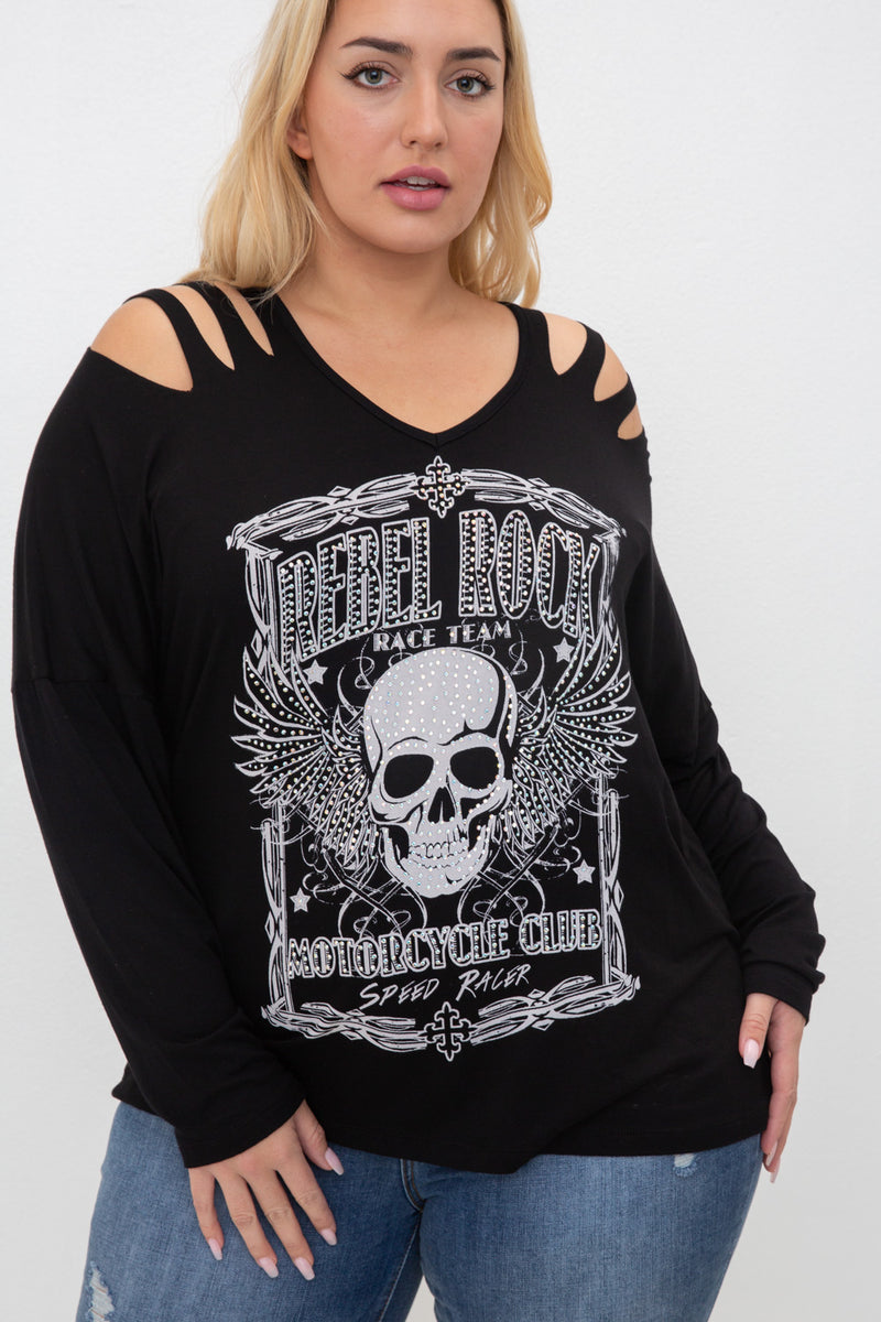 Plus Size Womens Cut Out Long Sleeve Rhinestone stud Skull Top