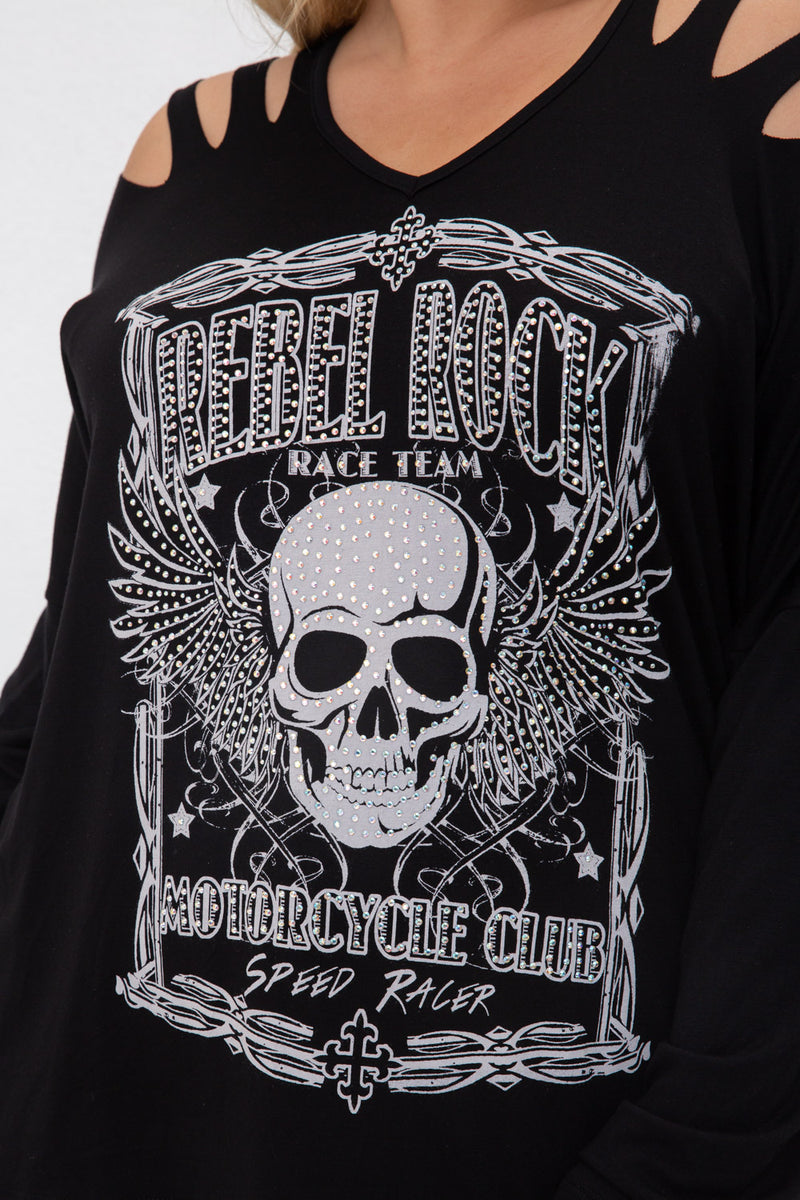 Plus Size Womens Cut Out Long Sleeve Rhinestone stud Skull Top