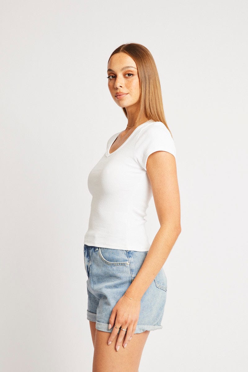White T Shirt Short Sleeve V Neck