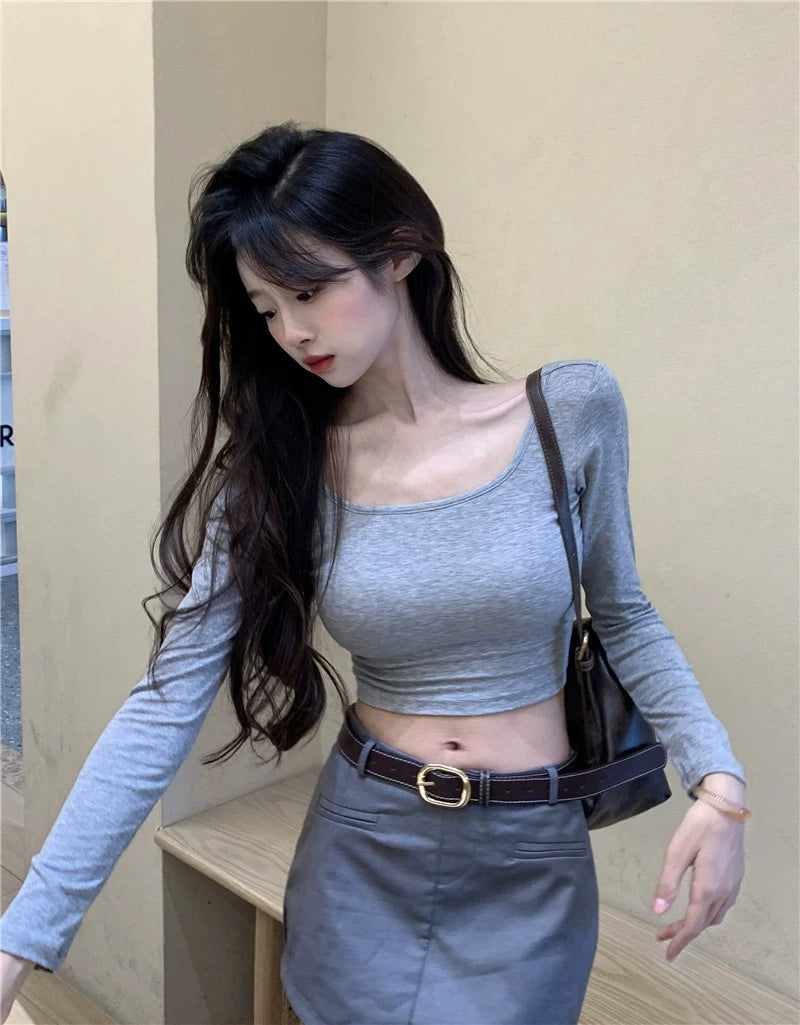 Backless Long Sleeves Slim-Fit Crop-Top Bottoming T-shirt